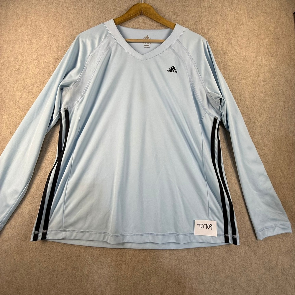 Adidas Mens Light Blue Long Sleeve V-Neck Training Shirt 3 Stripe Size XL